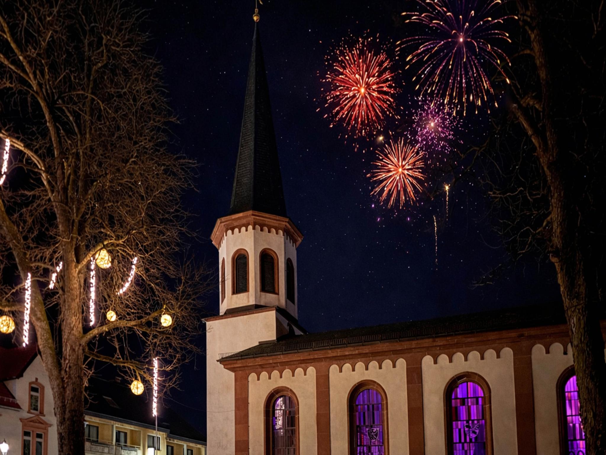 Kirche im Dunkeln mit Feuerwerk