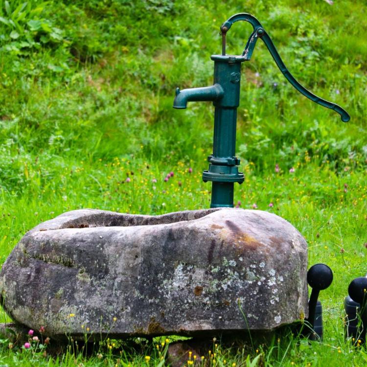 Grüne Wasserpumpe auf einem großen Stein im grasbewachsenen Garten.
