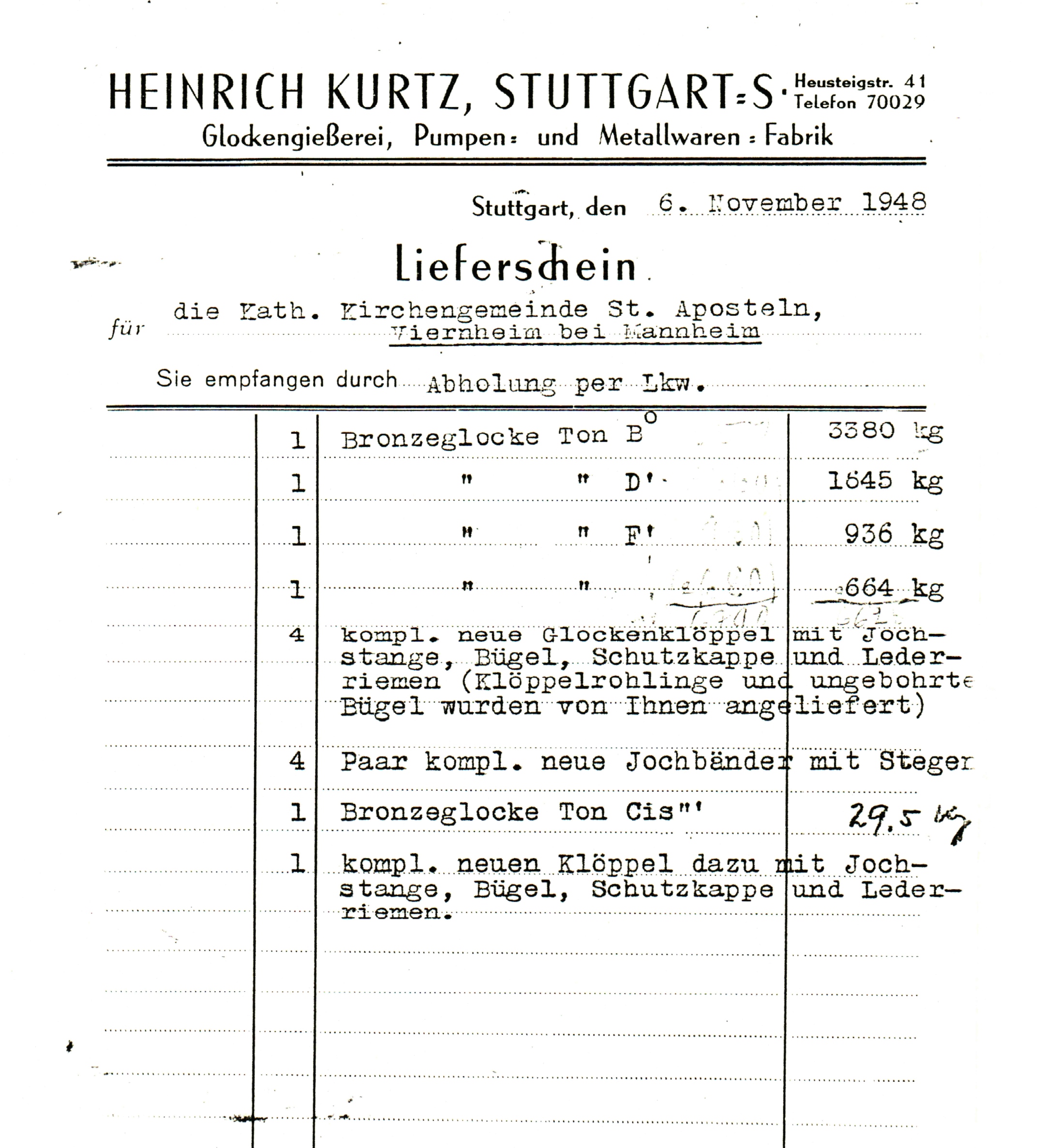 1948 FA Kurtz Lieferschein Glocken
