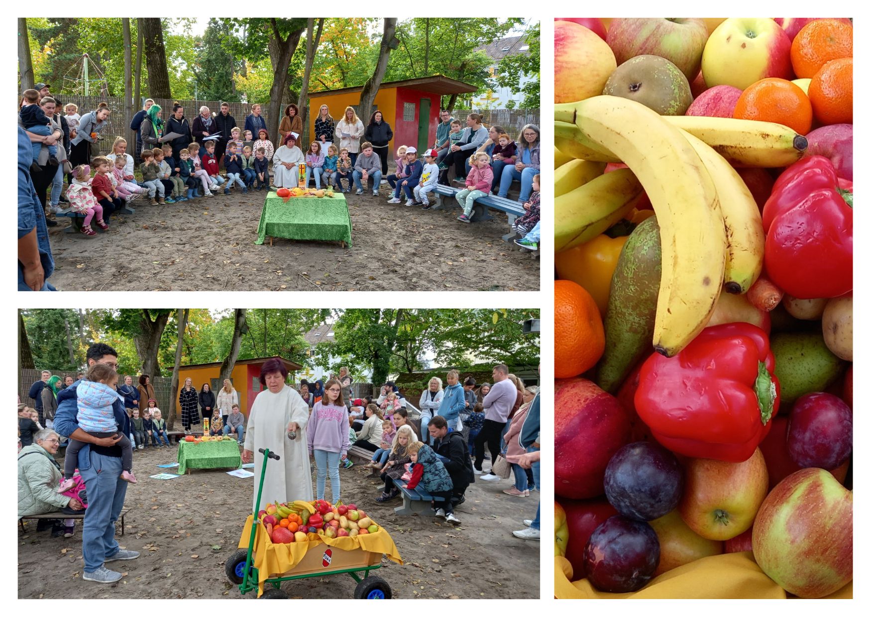 Die drei Bilder zeigen Obst und Gemüse sowie die Kinder im Kreis während des Gottesdienstes