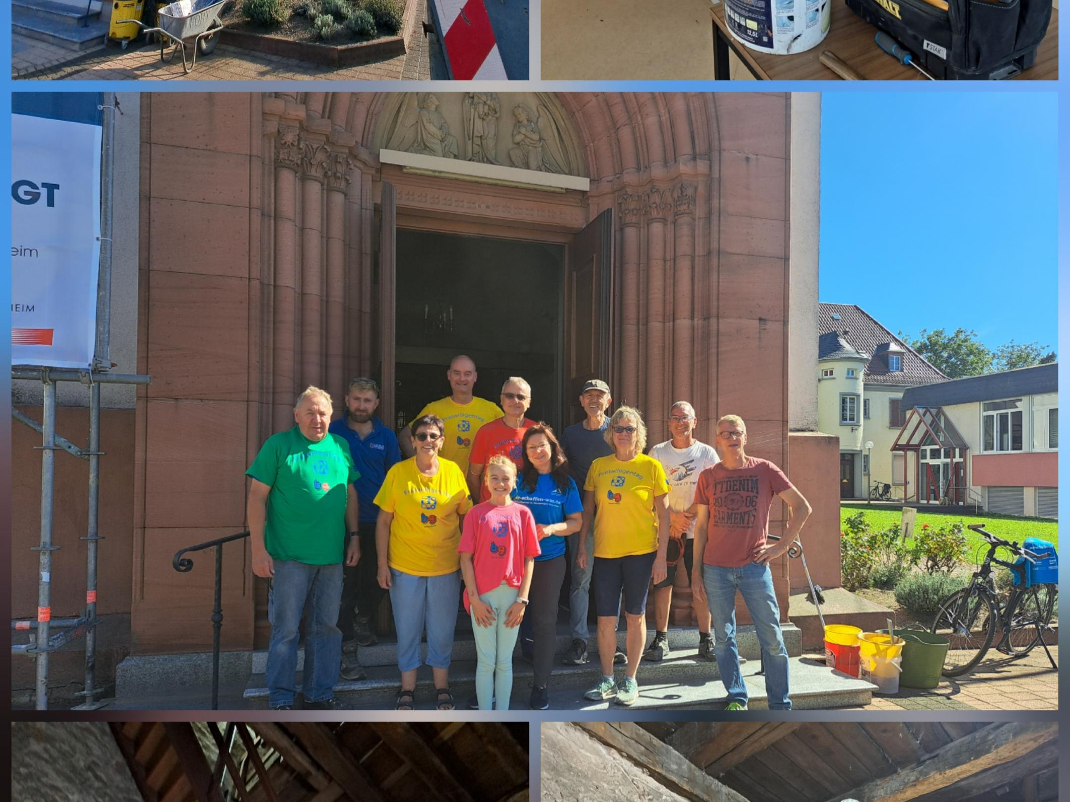 5 Bilder zeigen die Aktionen am Freiwilligentag, Gruppenbild vor der Kirche, Arbeiten im Turm und im Pfarrzentrum