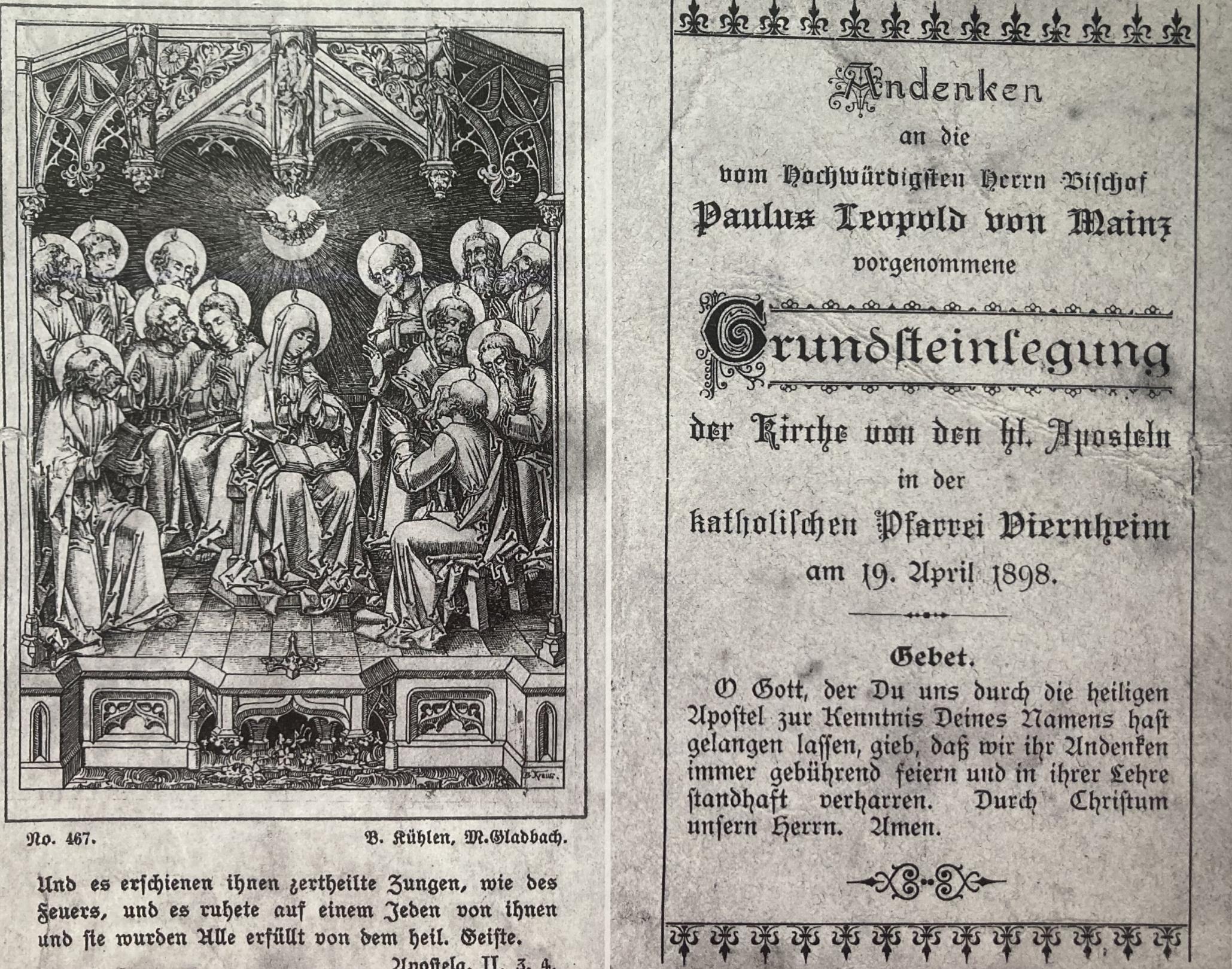 Vorder- und Rückseite eines Kommunionbildchen zur Grundsteinlegung
