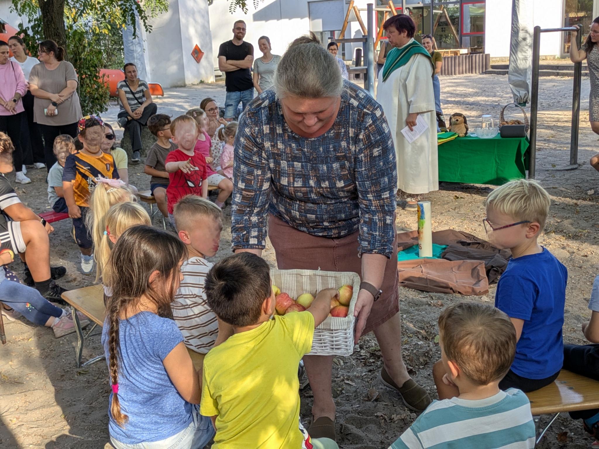 Äpfel werden an die Kinder verteilt