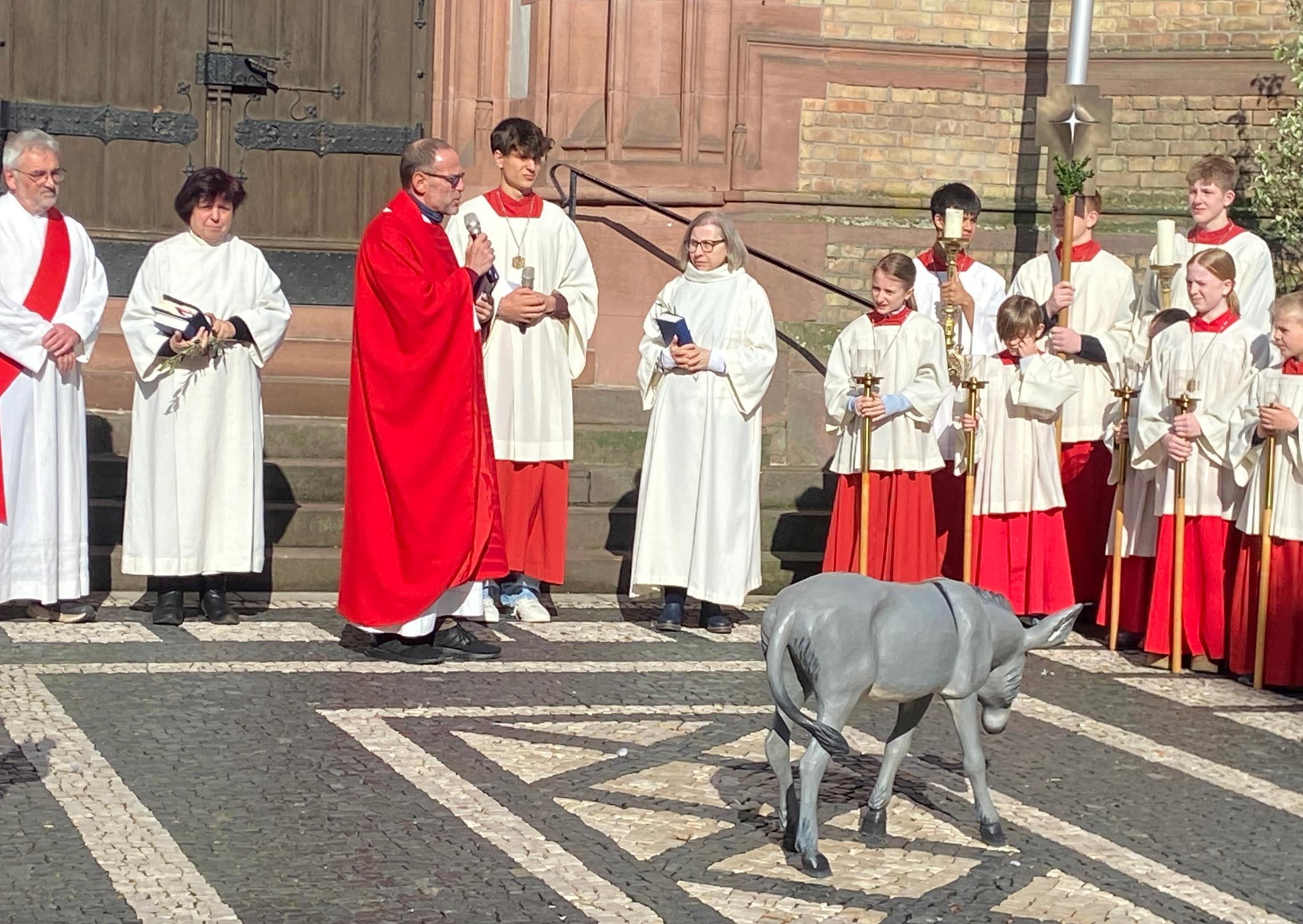 Mitten auf dem Apostelplatz wartet ganz still und geduldig ein Esel.