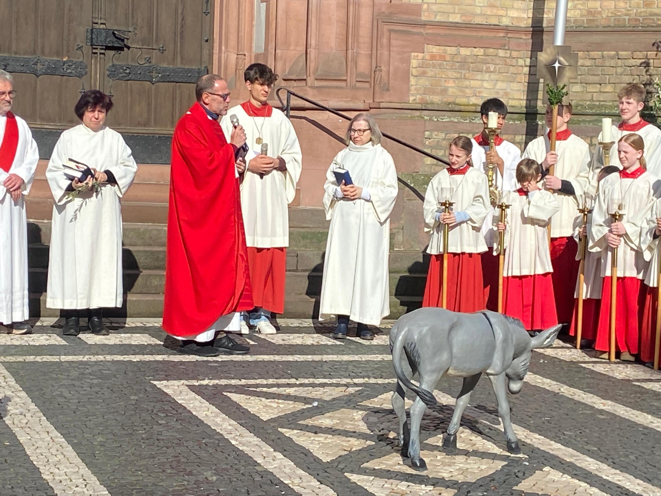 Mitten auf dem Apostelplatz wartet ganz still und geduldig ein Esel.
