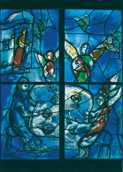 Chagall, Marc/Marq, Charles, Mittelfenster, Abraham und die drei Engel Fotorechte: Ars liturgica e.K. Klosterverlag MARIA LAACH, 2020