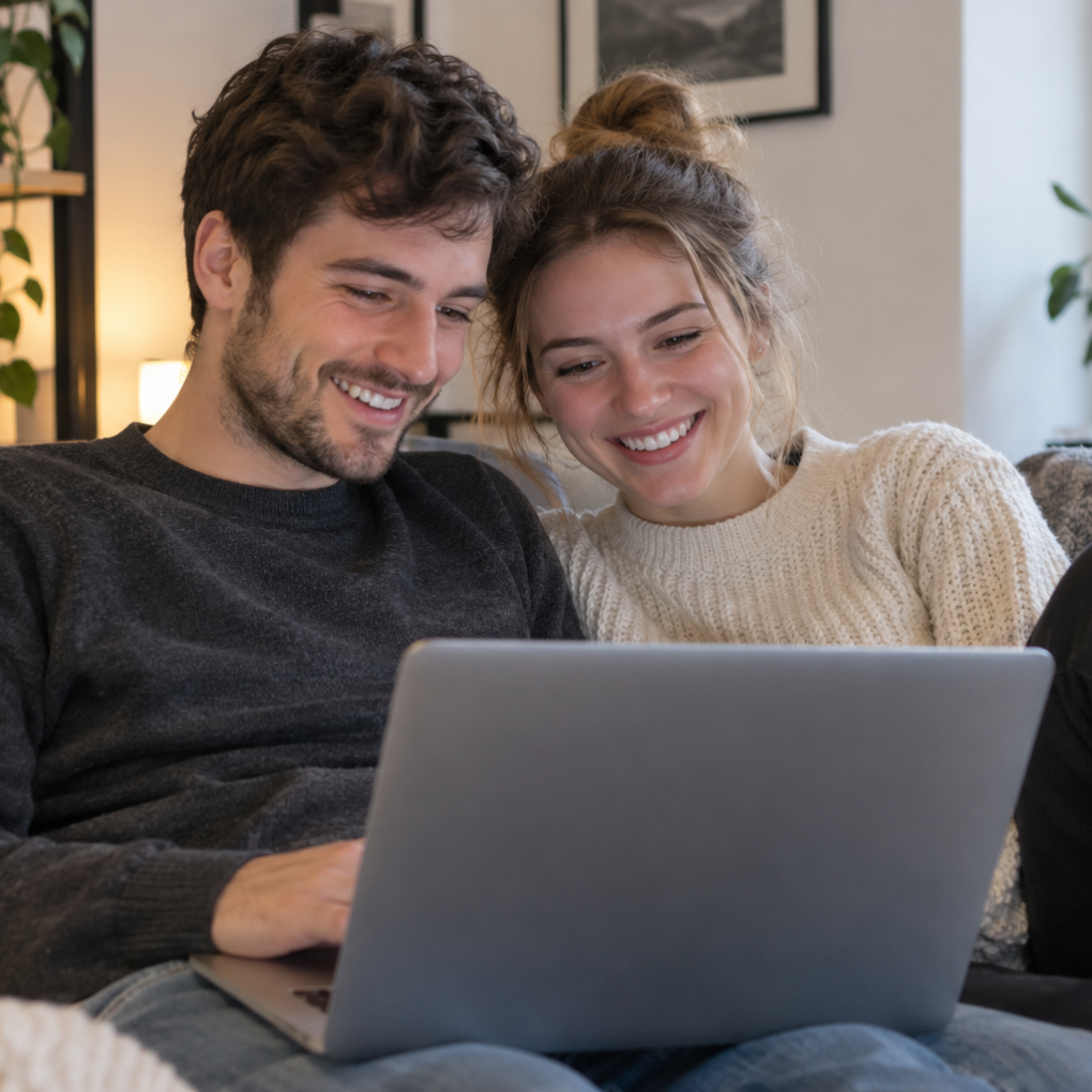 Paar mit Laptop auf Sofa