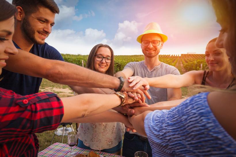 Junge Menschen feiern im Weinberg