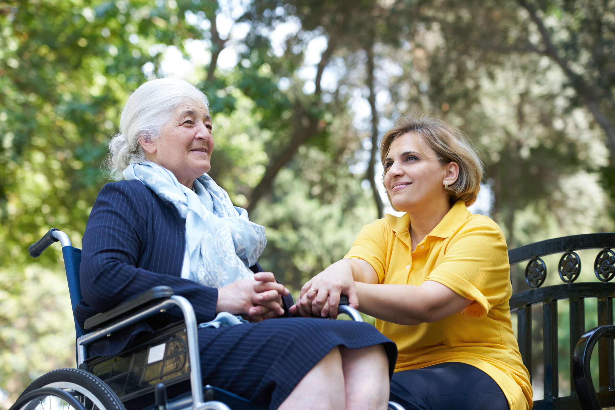 Frau mit alter Dame im Rollstuhl im Park