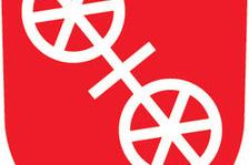 Das ist das Wappen der Stadt Mainz, ein weißes Rad auf rotem Hintergrund